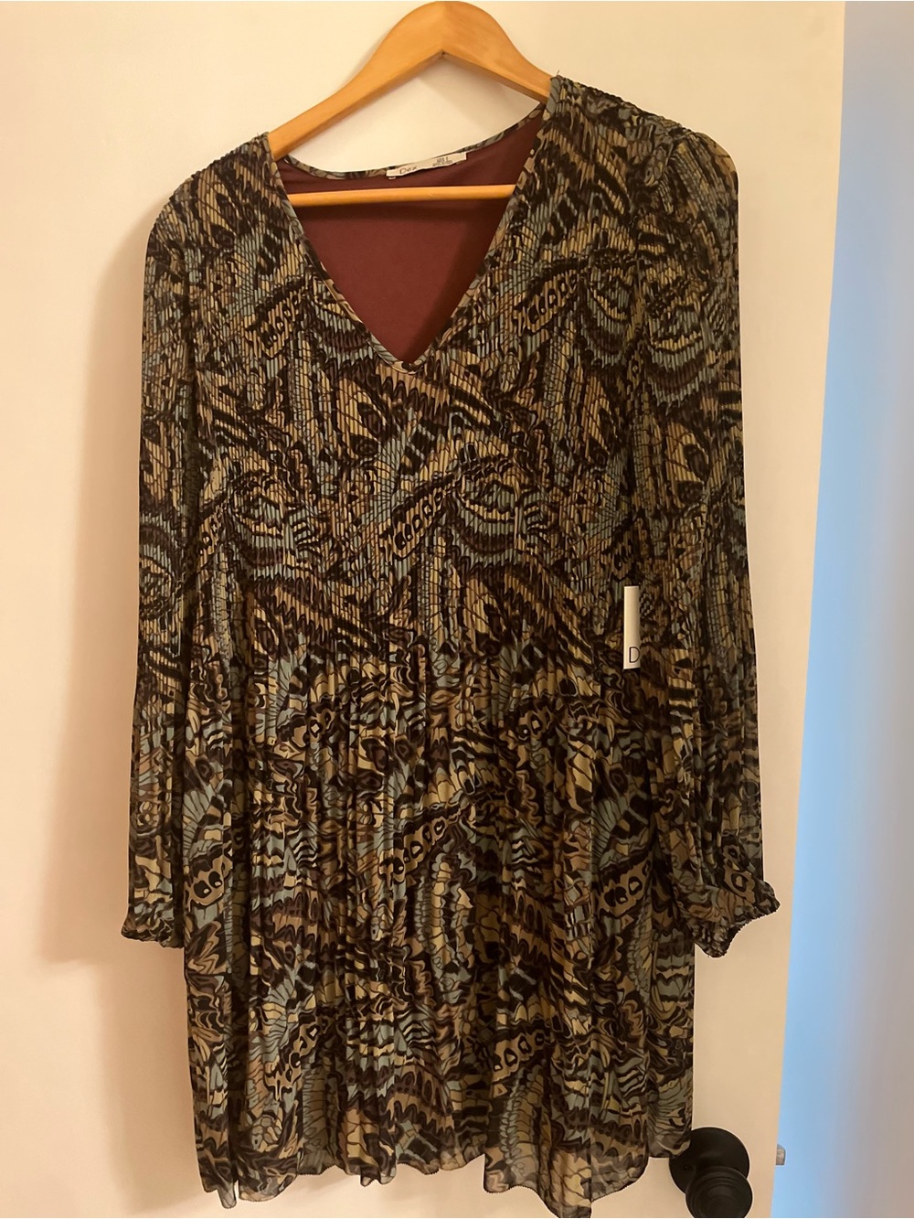 Printed V-Neck Long Sleeve Women’s Dress in Brown and Teal